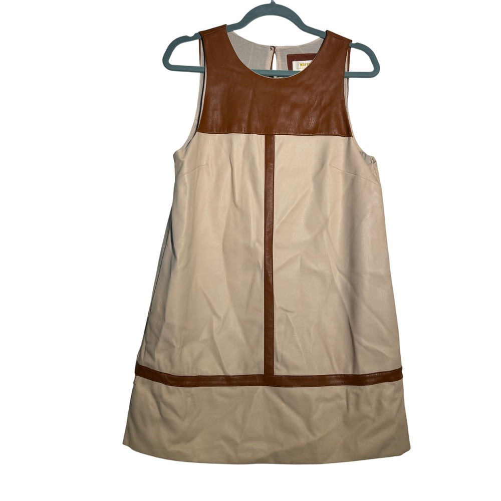 Maeve‎ Faux Leather Dress Womens Medium Cream Brown Colorblock Shift